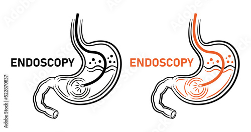 Endoscopy stomach, endoscope, gastroscopy gastrointestinal medical diagnostic line icon. Gastroenterology equipment. Gastritis, gastric, duodenum ulcer. Digestive intestinal tract examination. Vector