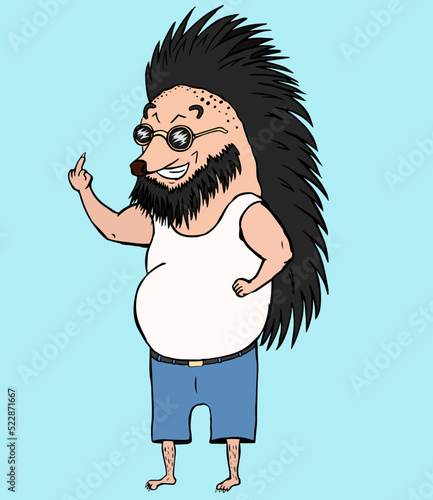 Smiling angry hedgehog with a mohawk, sunglasses and beard in a undershirt and pants, showing an indecent gesture.