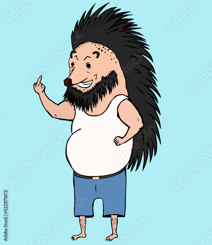 Smiling angry hedgehog with a mohawk and beard in a undershirt and shorts, showing an indecent gesture