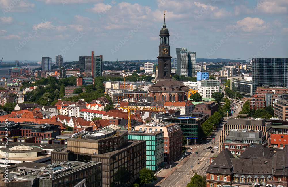 Hamburg, Germany, June 11th 2022. Aerial view from the church of St. Nikolai Hamburg, Germany, June 11th 2022. Aerial view from the church of St. Nikolai