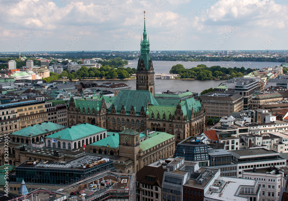 Fototapeta premium Hamburg, Germany, June 11th 2022. Aerial view of the Town Hall and other buildings from the church of St. Nikolai
