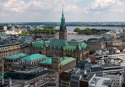 Hamburg, Germany, June 11th 2022. Aerial view of the Town Hall and other buildings from the church of St. Nikolai