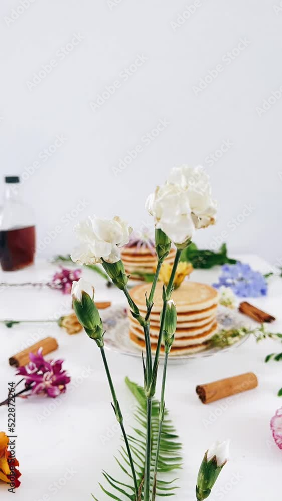 table setting with flowers, pancakes and white flowers, close up of white flowers, white flower with a table setting background, table setting with flowers, pancakes and white flowers, close up of white flowers, white flower with a table setting background,