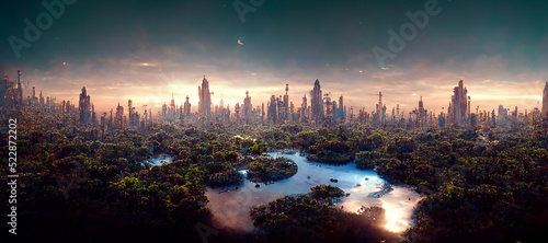Print op canvas a new planet with glowing Central Park colony deep Digital Art Illustration Pain