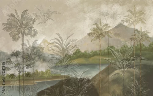 Obraz Tropical landscape wallpaper design with oil painting effect, lake and mountain, vintage view, palm and banana trees, mural art.