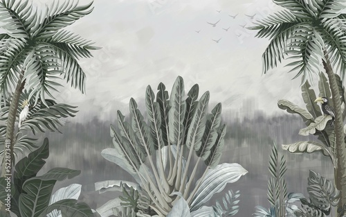 Wallpaper Mural Tropical landscape wallpaper design in pastel tones, soft color, oil painting background, palm and banana trees, mural art. Torontodigital.ca
