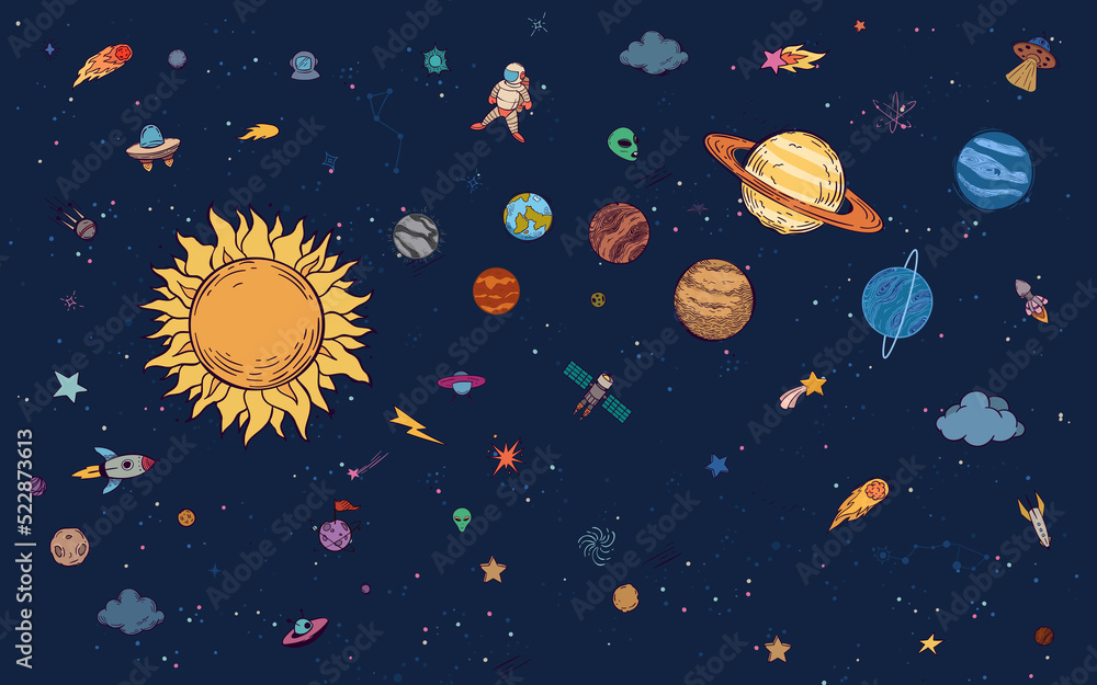 Astronaut and in space wallpaper design, for kids room, cartoon