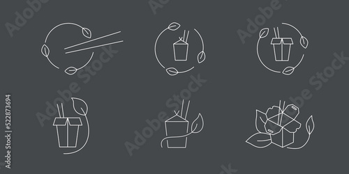 Fast food and take away eco packaging symbol for noodle box. Plastic free and recyclable. Editable stroke. Vector stock illustration isolated on black background. 