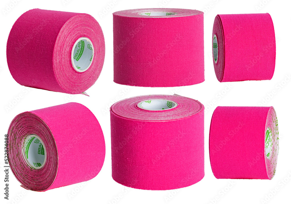 Sports tapes - tape patches for elastic facial skin, healthcare, alternative medicine, facial skin correction, pink color, isolate set - several different angles