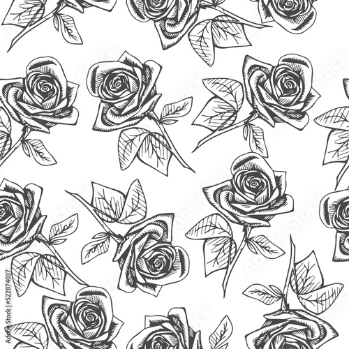 Hand drawn grunge rose pattern. Vintage ink flowers. Floral ornate.