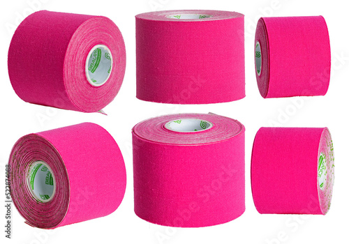 Obraz na płótnie Sports tapes - tape patches for elastic facial skin, healthcare, alternative medicine, facial skin correction, pink color, isolate set - several different angles w salonie