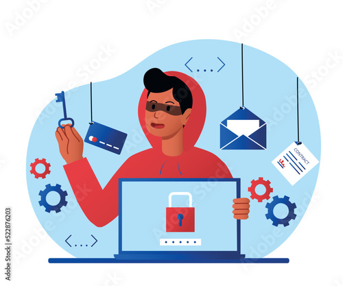Hacker fishing concept. Internet scammer steals personal information, online danger. Attacker and criminal. Modern technologies. Man with laptop hacked account. Cartoon flat vector illustration