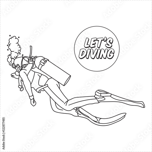 Scuba diver vector illustration in line draw style, perfect for tshirt design and coloring book design