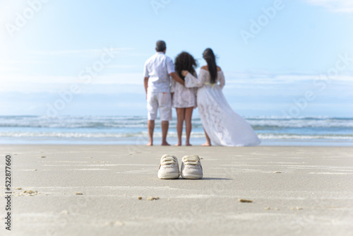 complete family on the beach, father, mother, daughter, mother pregnant with a baby.