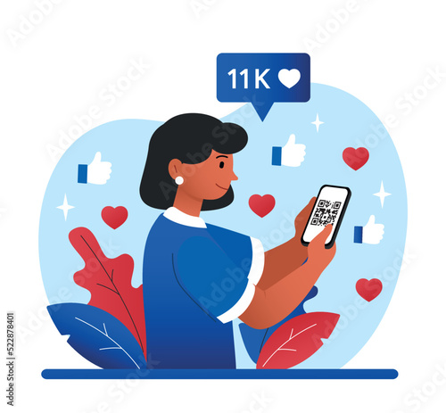 Woman in social media. Young girl with smartphone communicates on Internet, modern technology and digital world. Character scans QR code, follows shortened link. Cartoon flat vector illustration