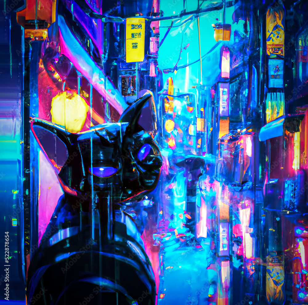 Cyberpunk cat with particles and neons in a tokio alley in the rain at ...