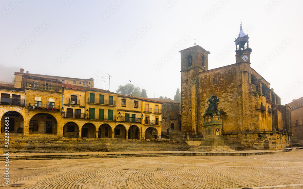 View of Plaza Mayor Square with an equestrian statue of Francisco Pizarro in the morning in Trujillo, Spain