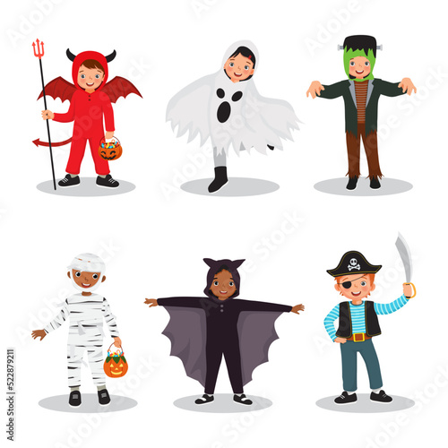 cute kids wear Halloween costumes for trick or treat carnival party. Include ghost, Frankenstein, bat, pirate, mummy and devil holding pumpkin bag with sweet candy