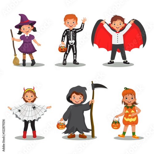 cute kids wear creepy Halloween costumes for trick or treat carnival party, include witch, skeleton, vampire, spider web, grim reaper, jack o lantern holding pumpkin with sweet candy