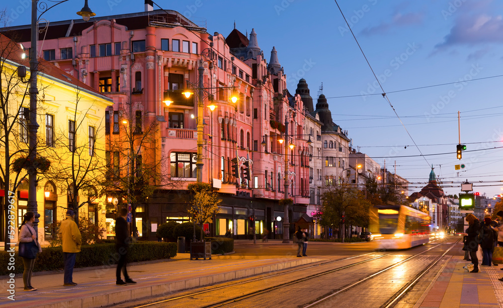 Twilight view of Debrecen streets with motion blur, Hungary