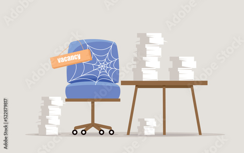 Labor shortage concept. Armchair with cobwebs and table with stacks of papers. Company or organization cannot find employees, workers. Vacant place, employment demand. Cartoon flat vector illustration