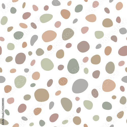 Small round dots. Khaki repeating seamless pattern of stones and pebbles. Vector background. Colorful natural confetti stains for projects, cards, wallpaper or wrapping paper.