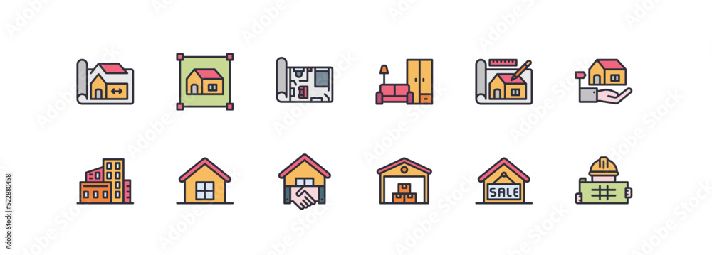 Model House Line Color Icons Vector Illustration , Building , Home , Residential House