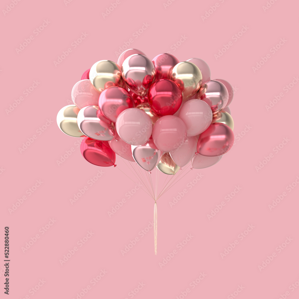 3d render illustration of realistic glossy red, pink, golden balloons on pink background.