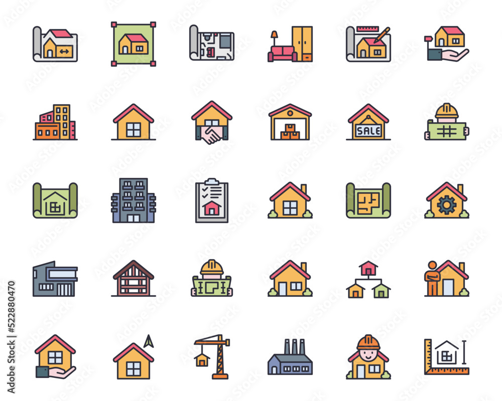 Model House Line Color Icons Vector Illustration , Building , Home , Residential House