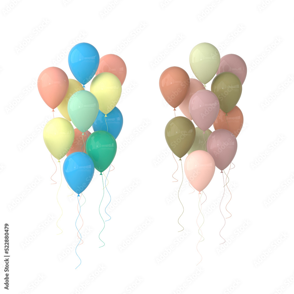 Pastel colored balloons isolated on white background. 3d render bunch of balloons for party design Pastel colored balloons isolated on white background. 3d render bunch of balloons for party design