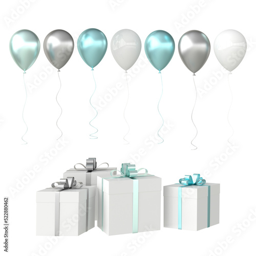 3d render illustration of realistic glossy colorful balloons and gift box with ribbon bow isolated on white background.