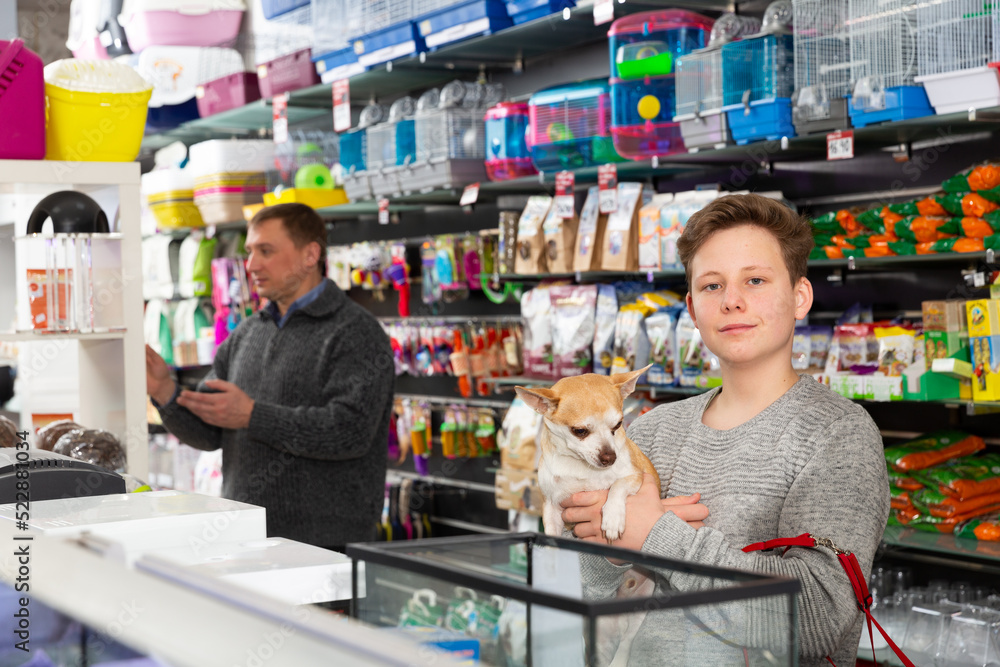 Portrait of a boy with dog in petshop, man on background. High quality photo