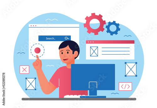 Web development concept. Guy at computer preparing design elements, interface and templates for website. Programmer writes code, freelancer and graphic designer. Cartoon flat vector illustration