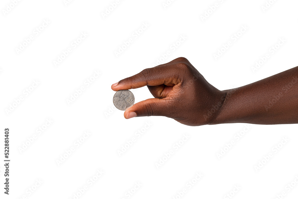 Black Hand in suit holding 50 Ghanaian pesewa coin concept isolated on white background. Hand holding coin Black Hand in suit holding 50 Ghanaian pesewa coin concept isolated on white background. Hand holding coin