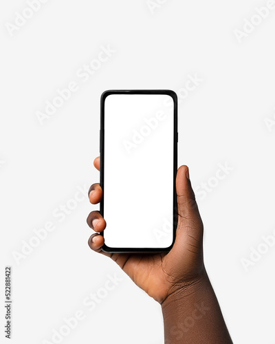 Black hand holding phone facing camera isolated on white background. blank screen, phone screen mockup, front view, clipping path, clipping mask
