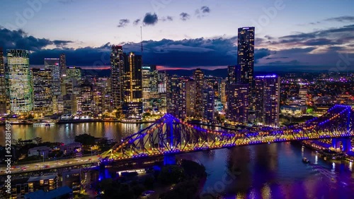Aerial hyperlapse, dronelapse video of Brisbane city in Australia at night photo