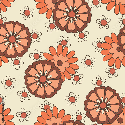 Monochrome Orange and Brown Large Scale Hand-Drawn Floral Vector Seamless Pattern. Retro 70s Style Nostalgic Fashion Textile Bold Background. Summer Resort Print. Daisies. Flower Power