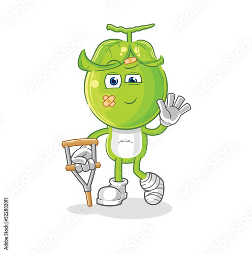 pea head sick with limping stick. cartoon mascot vector