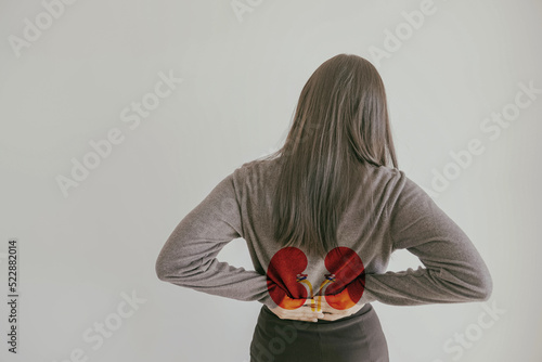 Back view of woman suffering from lower back pain with kidney shape, chronic kidney disease, renal failure, dialysis concept