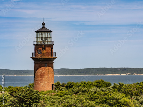 Gay Head Lighthouse against blue sky background, Martha's Vineyard