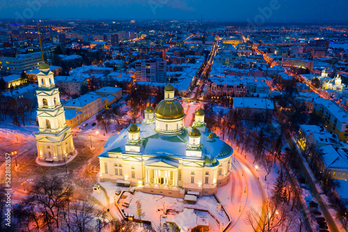 Night aerial view of reconstructed Orthodox Spassky Cathedral in Russian city of Penza in winter.