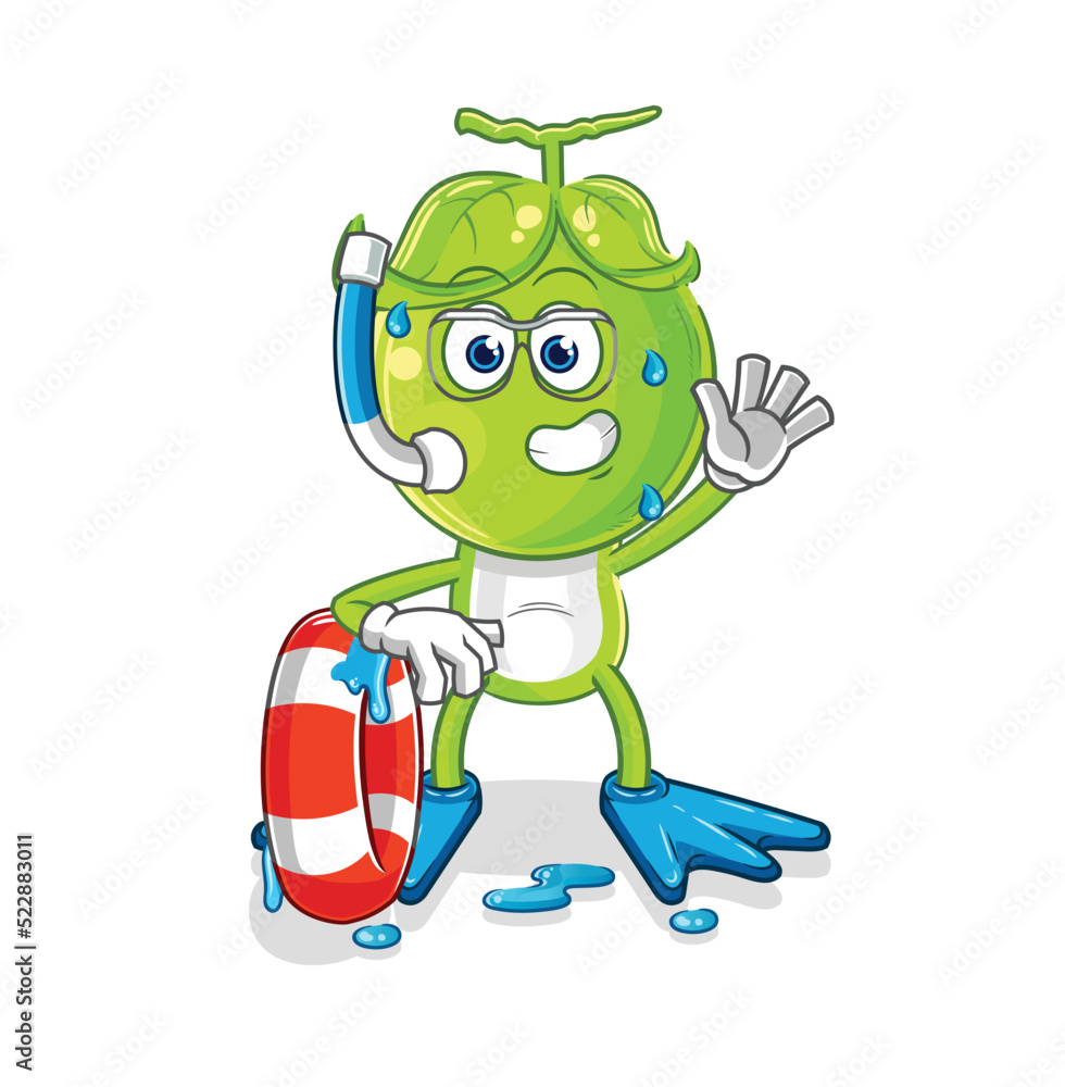 pea head swimmer with buoy mascot. cartoon vector pea head swimmer with buoy mascot. cartoon vector