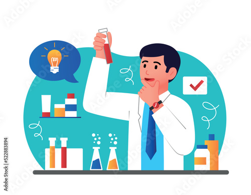 Creative experiment in lab. Man displaces chemicals and reagents. Character in medical gown in laboratory. Science and research, medication or cosmetic development. Cartoon flat vector illustration