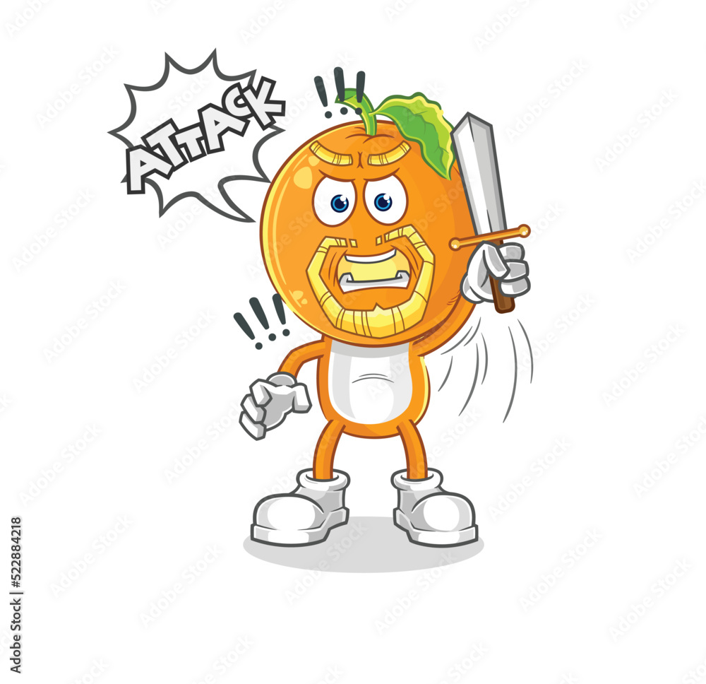 orange head knights attack with sword. cartoon mascot vector