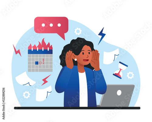 Woman try to meet deadline. Young girl panicked in office poor time management. frustration and lazy person. Panic, stress and pressure, overloaded employee. Cartoon flat vector illustration