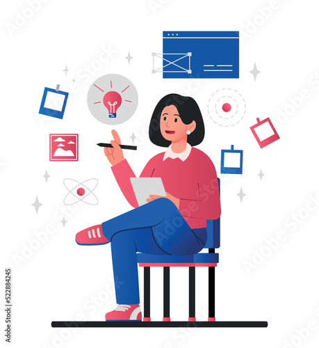 Design inspiration concept. Girl with pencil in hand evaluates ideas. Creative personality and inspiration, freelancer looking for ideas for project. Art and drawing. Cartoon flat vector illustration