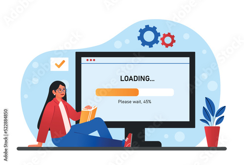 Woman waiting loading. Young girl downloads files on Internet, opens program or application on computer. Modern technologies and digital world, progress bar. Cartoon flat vector illustration