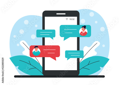 Chatting on Internet. Man and girl exchange messages online, social networks and instant messengers. Users communicate with romantic dating application or program. Cartoon flat vector illustration