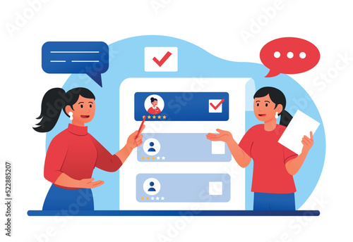 New worker concept. Women evaluating potential candidates for vacancy. Company recruitment, staff expansion and HR managers, employees read resumes, make choice. Cartoon flat vector illustration