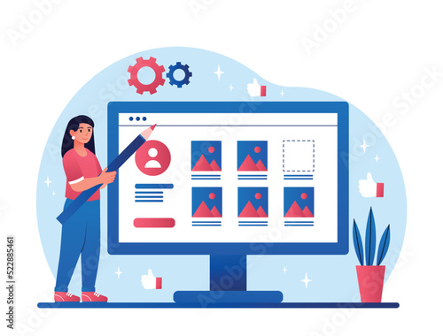 Designer looking at portfolio. Woman saves images and work on computer. Freelancer forms resume for sending applications for orders, character evaluates projects. Cartoon flat vector illustration
